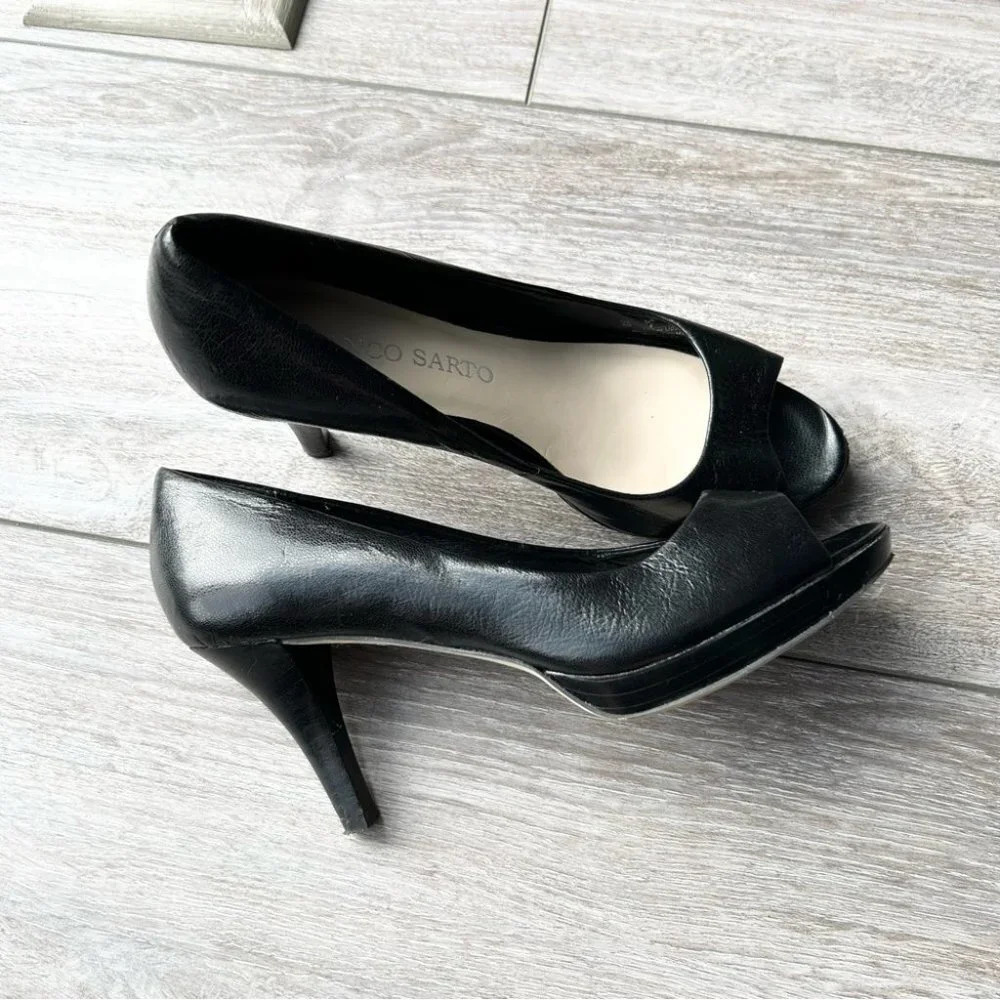 Franco Sarto  Black Open Toe Leather Pump